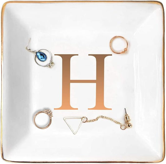 ANOTION Jewelry Tray Ring Dish with Ini-tial Gift- Personalized Trinket Dish and Jewelry Dish with Gold Initials Key Bowl Ceramic Holder, Unique Wedding or Engagement Present