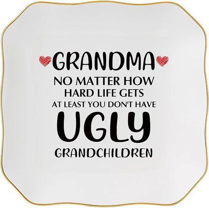 Grandma Gifts Jewelry Dish Ring Tray, Grandmother Birthday Gifts for Grandma Christmas Valentines Mother's Day Gift from Grandkids-No Matter How Hard Life...You Don't Have Ugly Grandchildren