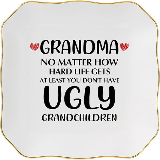 Grandma Gifts Jewelry Dish Ring Tray, Grandmother Birthday Gifts for Grandma Christmas Valentines Mother's Day Gift from Grandkids-No Matter How Hard Life...You Don't Have Ugly Grandchildren