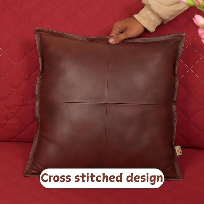 Genuine Lambskin Leather Pillow Cover, 14x14 Inch Case for Lumbar Throw Couch Pillows, Thick & Soft Cushion Covers for Sofa Bed Home Décor (Antique Dark Brown Box Pack of 1)
