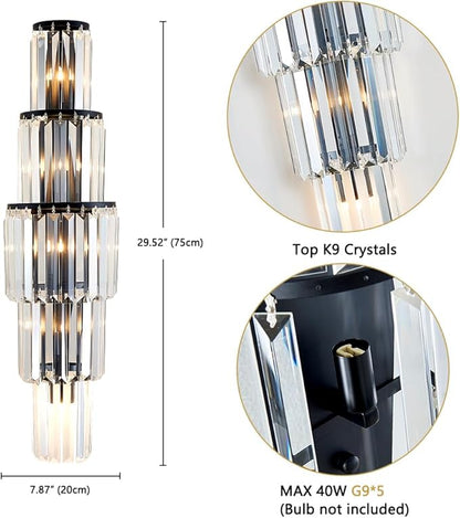 29.5 inch Modern Wall Sconce Crystal Vanity Wall Sconce Lighting 5-Light Black Wall Light Fixtures for Bedroom Living Room Bathroom Hallway