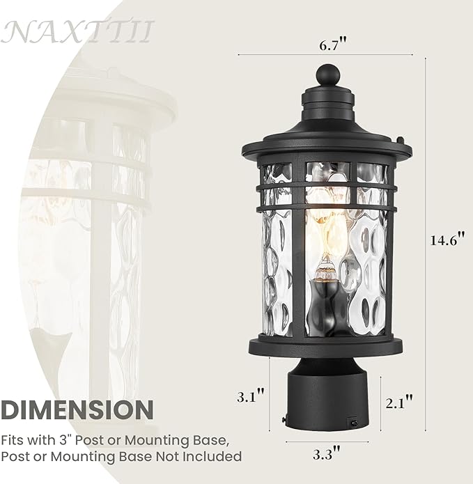 Outdoor Post Light Hardwired Waterproof Aluminum Pole Light Fixture with Water Ripple Glass Exterior Lamp Post Lantern for Garden Yard Patio Pathway 14.6 Inch E26 Socket