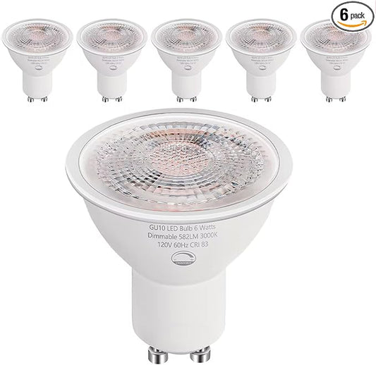 6-Pack GU10 LED Bulbs Dimmable,6W (50W Equivalent), 3000K Soft White 582 Lumens, Perfect for Recessed Lighting, Track Lighting, Accent Lights(Not for Candle Warmers)