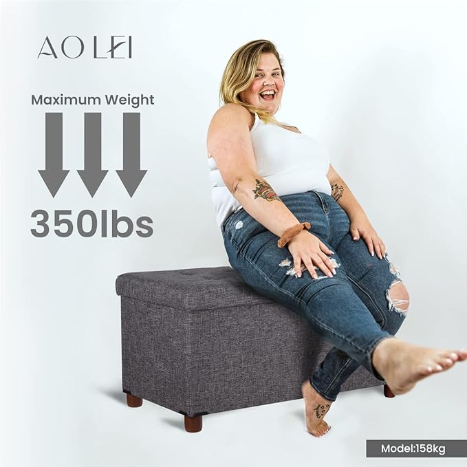 30 Inches Storage Ottoman Bench, Rect Grey, Modern, Classic Style, Linen Fabric, Walnut Wood Legs