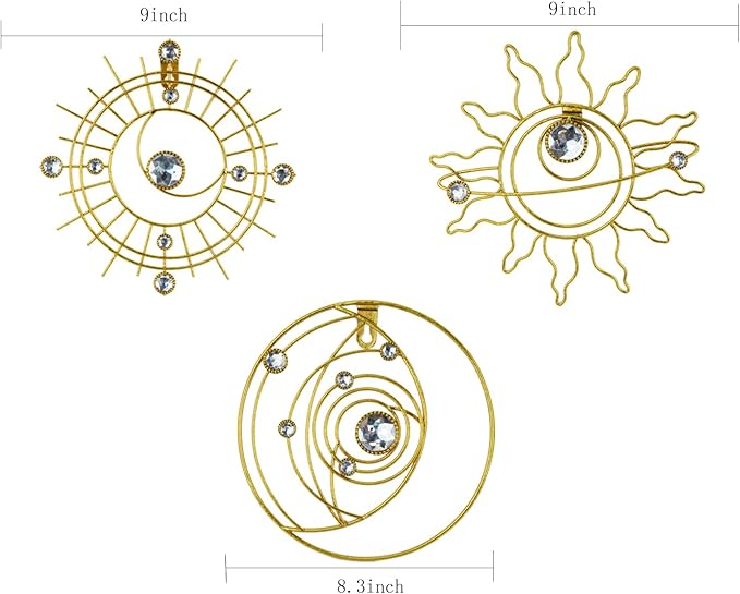 Manortang 9 Inch Metal Golden Wall Decor Abstract Sun Moon Star Wall Art Embelished Mystical Planet Indoor Outdoor Circle Wall Decorations for Bedroom Living Room Office Kitchen Bathroom Party 3pcs