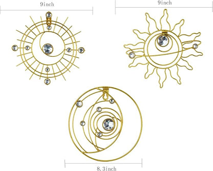 Manortang 9 Inch Metal Golden Wall Decor Abstract Sun Moon Star Wall Art Embelished Mystical Planet Indoor Outdoor Circle Wall Decorations for Bedroom Living Room Office Kitchen Bathroom Party 3pcs