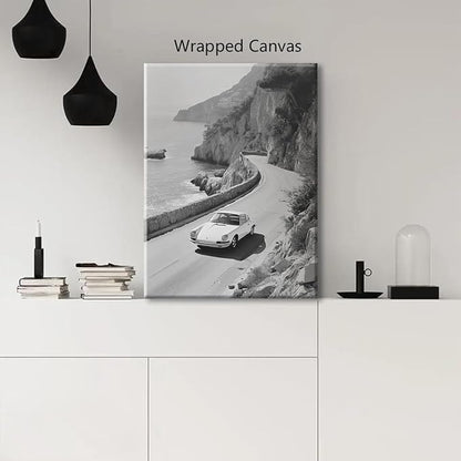 Black and White Photography Canvas Wall Art, Car Driving In Amalfi Coast Poster, Vintage Italy Coastal Travel Photo Print, Classic Car Picture for European Road Adventures 16x24in Wrapped Canvas
