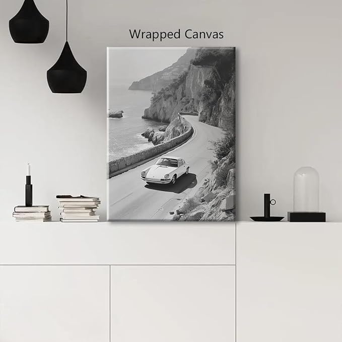 Black and White Photography Canvas Wall Art, Car Driving In Amalfi Coast Poster, Vintage Italy Coastal Travel Photo Print, Classic Car Picture for European Road Adventures 24x36in Wrapped Canvas