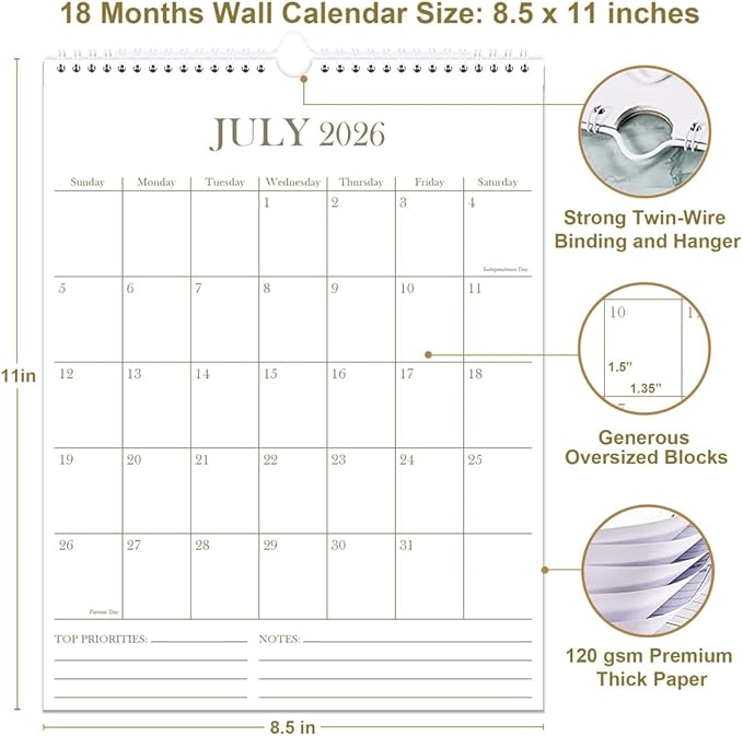 2026 Wall Calendar - 18 Months Calendar from January 2026 - June 2027, Calendar 2026 with Thick Paper, 8.5" x 11", Vertical Calendar, Golden