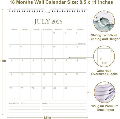 2026 Wall Calendar - 18 Months Calendar from January 2026 - June 2027, Calendar 2026 with Thick Paper, 8.5" x 11", Vertical Calendar, Golden