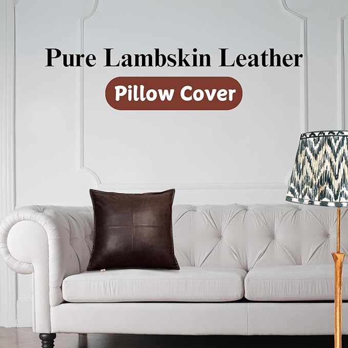 Lambskin Leather Pillow Cover - Sofa Cushion Case - Decorative Throw Covers for Living Room & Bedroom, 22x22 Inches - Dark Brown Crunch Box Pack of 2