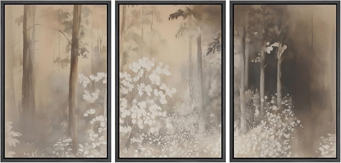 MUDECOR Framed Wall Art Print Set Neutral Forest Landscape Beige and Gray Watercolor Illustrations Realism Decorative for Living Room, Bedroom, Office - 16"x24"x3 Black
