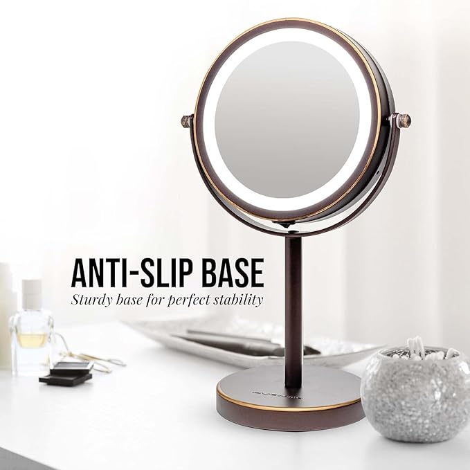 OVENTE 6" Lighted Makeup Mirror with 1X/7X Magnification, Cordless Tabletop Mount Vanity Round Mirror with 360° Swivel Design and Double Sided Cool Tone LED Ring Light, Antique Bronze MLT60ABZ1X7X