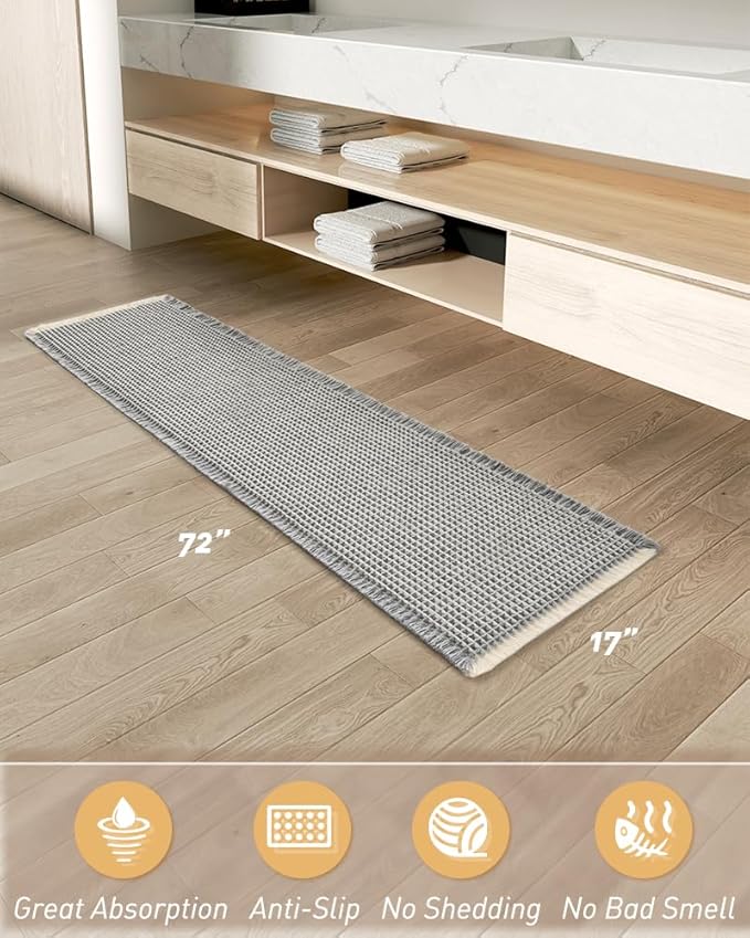 Upgraded Waffle Runner Rug Super Absorbent Non Slip Bath Mats for Bathroom Machine Washable Bathroom Runner Rug with Tassels, Ideal for Hallway Bedroom Laundry Room, 17" x 72", LightGrey & Cream