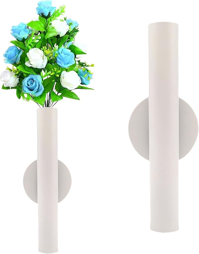 Adhesive Metal Wall Vase Holder - Decorative Tube for Dried/Faux Floral Display, Rust-Resistant Home & Office, Dining Room Also Suitable for Cemetery Memorial Display Decor (1 Pcs White)
