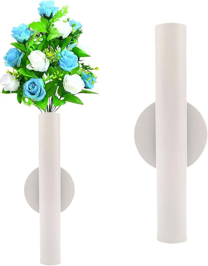 Adhesive Metal Wall Vase Holder - Decorative Tube for Dried/Faux Floral Display, Rust-Resistant Home & Office, Dining Room Also Suitable for Cemetery Memorial Display Decor (1 Pcs White)