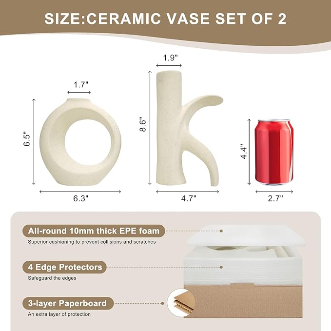 Assemble OK Ceramic Vase Set of 2 for Home Decor, Modern Boho Ins Style Matte Sculptural Flower Vase for Table Centerpiece, Living Room, Shelf, Mantle, Housewarming Gift (Beige White)