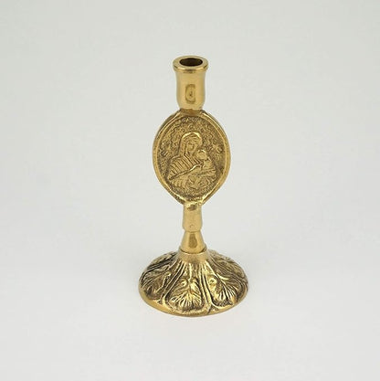 Theotokos Design Brass Candle Holder – Christian Candlestick for Thin Orthodox Candles, 3.74 in Height