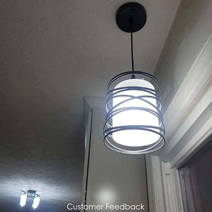 Modern Mini Pendant Light Fixture Kitchen Island Pendant Lighting 6.30''Matte Black Spiral Cage and Handblown Frosted Haze Glass Shade Hanging Lamp Adjustable Cord for Dining Room 1 Pack