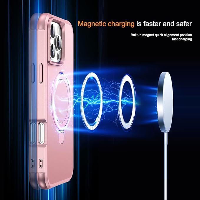 Compatible with iPhone 16 Pro Max Case with Invisible Magnetic O-Ring Stand Military-Grade Case for iPhone 16 ProMax 6.9" [Compatible with Mag-Safe][Great Grip Feeling], Rose Gold