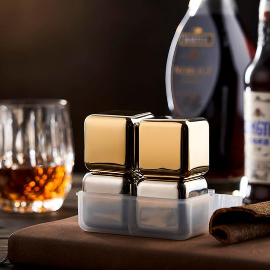 4 Large Whiskey Stones 64 cm³ (4 cu in) - Man Gift Set - Reusable Stainless Steel Metal Ice Sphere Cubes Beverage Chilling Rocks Whiskey Stones for Red Wine, Bar Beer, Scotch - Gold and Silver