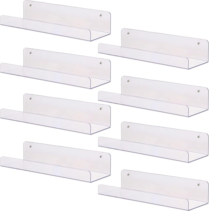 Sooyee 8 Pack Clear Acrylic Shelf, Invisible Floating Wall Ledge Bookshelf, Kids Book Display Shelves Wall Mounted,Funko Pop Shelves