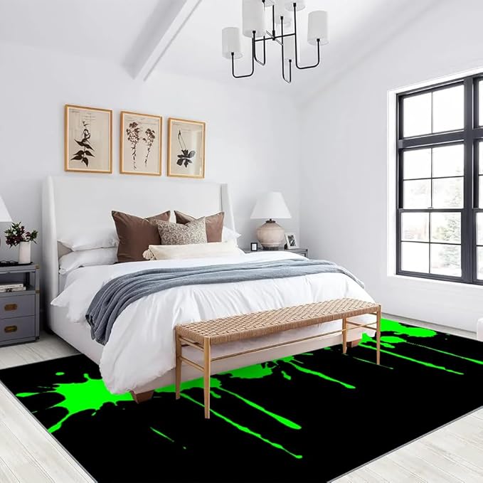 Fluorescent Green Arcade Rug 5x7 Area Rugs Modern Black Green Rugs Non Slip Low Pile Faux Wool Indoor Throw Carpet for Living Room Bedroom Gameroom Study Office Entrance Foyer