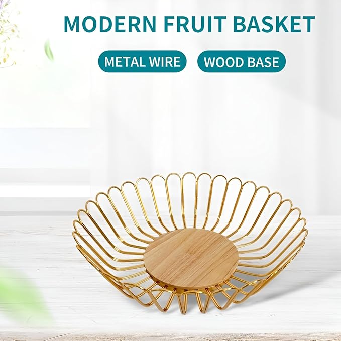 Gold Fruit Basket Metal Wire Fruit Basket Bowl Kitchen Countertop Large Storage Serving Holder for Lemon Banana Onion - Wooden Stand - 12 Inch (Gold Wood)