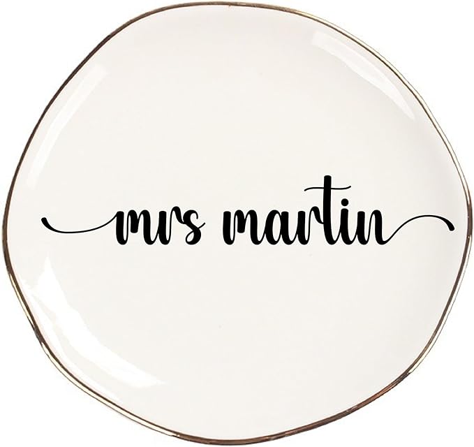 Personalized Ceramic Gold Trim Jewelry Tray Bridesmaid Wedding Engagement Gifts Jewelry Dish Decorative Trinket Custom Ring Dish With Name Couple Initials (Style E)