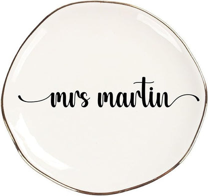Personalized Ceramic Gold Trim Jewelry Tray Bridesmaid Wedding Engagement Gifts Jewelry Dish Decorative Trinket Custom Ring Dish With Name Couple Initials (Style E)
