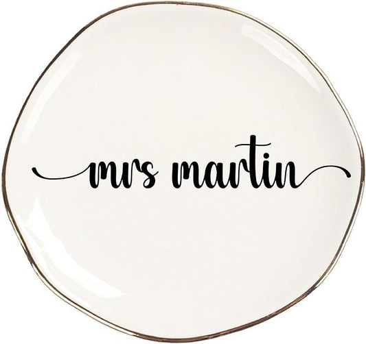 Personalized Ceramic Gold Trim Jewelry Tray Bridesmaid Wedding Engagement Gifts Jewelry Dish Decorative Trinket Custom Ring Dish With Name Couple Initials (Style E)