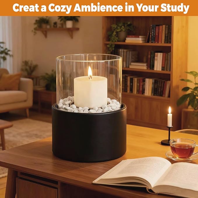 EastFlame Tabletop Pillar Hurricane Candleholder with Decorative Stones - Suitable for Dia 3" and Below Pillar Candles and Scented Candles, Gift for Lovers' Gathering, Home Decor, Parties & Weddings