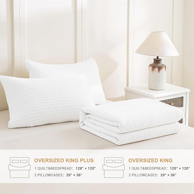 Sanracie Stonewashed Oversized King Quilt(120"x120"), Cotton Milk White California King Quilt Coverlet Sets 3Pcs Ultra Soft Crinkle Cross Stitch Bedspreads Sets for All Season