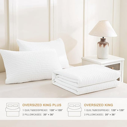 Sanracie Stonewashed Oversized King Bedspread(128"x120"), Cotton Milk White Extra Large Wide Oversized Quilt Coverlet Cross Stitch Soft Lightweight 3Pcs Crinkle Bed Coverlet Set