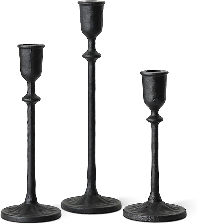 Antique Candlestick Holders Set of 3, Cast Iron Taper Candle Holder for Dining Table Centerpiece, Wedding, Fireplace Mantel Decor, Vintage Tall Candle Stands, Christmas Decorations, Matte Black