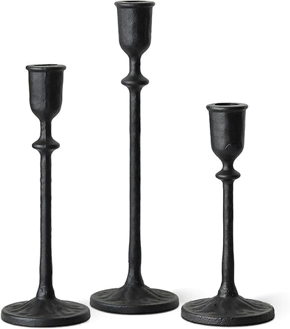 Antique Candlestick Holders Set of 3, Cast Iron Taper Candle Holder for Dining Table Centerpiece, Wedding, Fireplace Mantel Decor, Vintage Tall Candle Stands, Christmas Decorations, Matte Black
