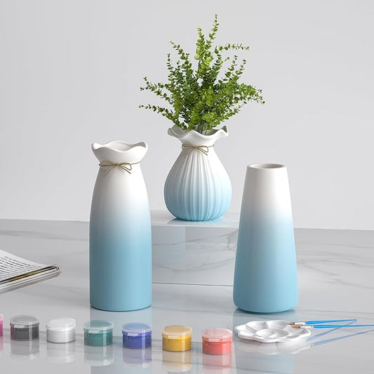 OERGKE 3-Pack Ceramic Vase with Painting Kit, Small vases for Flowers, Modern Rustic Boho Vases for Home Living Room Farmhouse Decor Dining Table Bedroom Table and Kitchen Shelf (Blue)