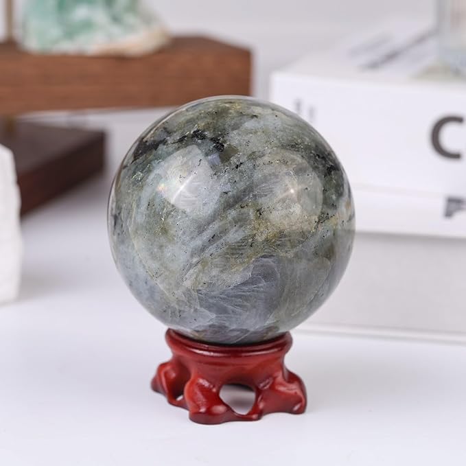 SUNYIK Natural Labradorite Ball Sphere with Resin Stand Polished Crystal Sphere Stone Figurine Decor for Home Office Tabletop, 2.4-2.7”(61-70mm)