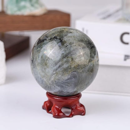 SUNYIK Natural Labradorite Ball Sphere with Resin Stand Polished Crystal Sphere Stone Figurine Decor for Home Office Tabletop, 2.4-2.7”(61-70mm)