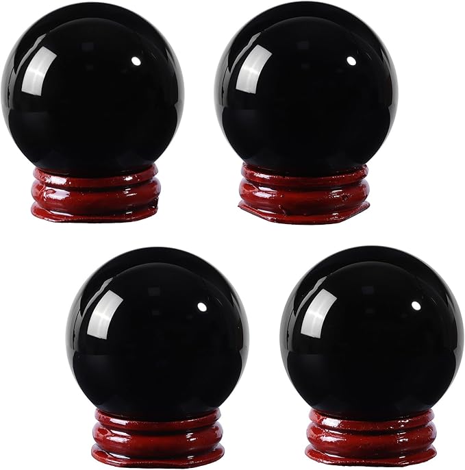 90mm Natural Black Obsidian Stone Sphere with Wooden Stand, Polished Crystal Ball Decoration for Home & Office