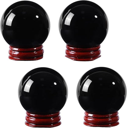 200mm Natural Black Obsidian Stone Sphere with Wooden Stand, Polished Crystal Ball Decoration for Home & Office