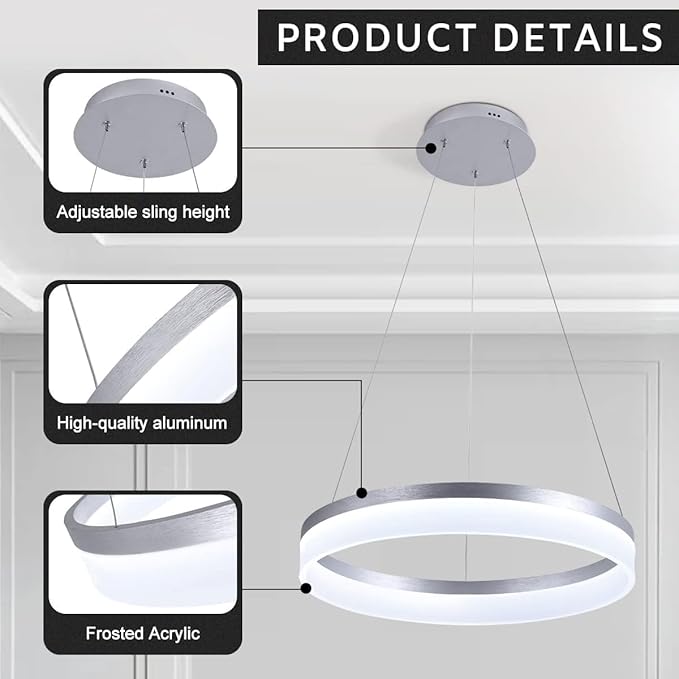 Buccleuch Dimmable 3-Ring LED Chandelier, Height Adjustable Modern Silver Pendant Light, ETL-Certified Flush Mount Acrylic Ceiling Light for Dining Room Living Room Bedroom Foyer, 3000K-6500K