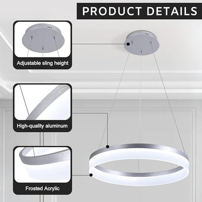 Buccleuch Dimmable 3-Ring LED Chandelier, Height Adjustable Modern Silver Pendant Light, ETL-Certified Flush Mount Acrylic Ceiling Light for Dining Room Living Room Bedroom Foyer, 3000K-6500K
