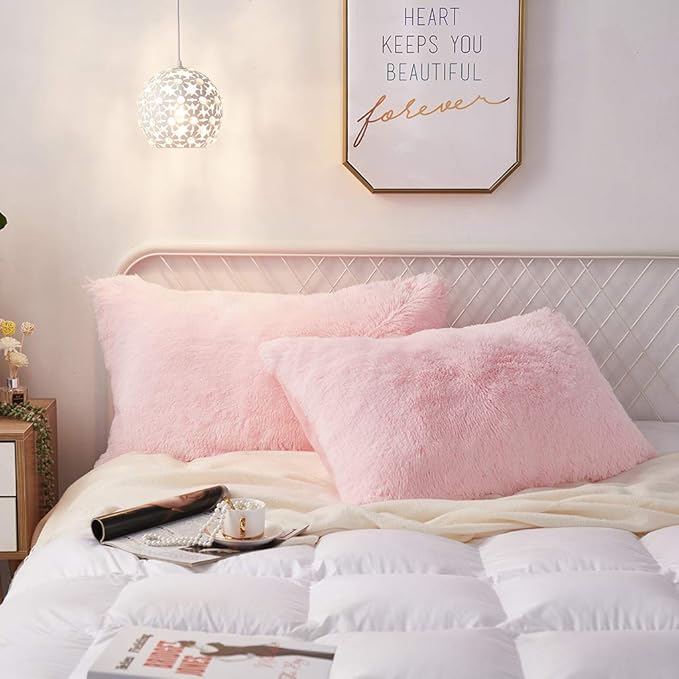 Uhamho Set of 2 Standard Queen Faux Fur Throw Pillow Covers Soft Velvet Decorative Pillowcases Zipper Closure(20 x 26 Inches Pink)