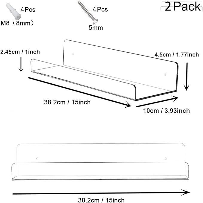 Cerpourt Acrylic Floating Wall Ledge Shelf, Clear Bathroom Storage Shelves Display,Acrylic 15" Invisible Bookshelf (2pack)