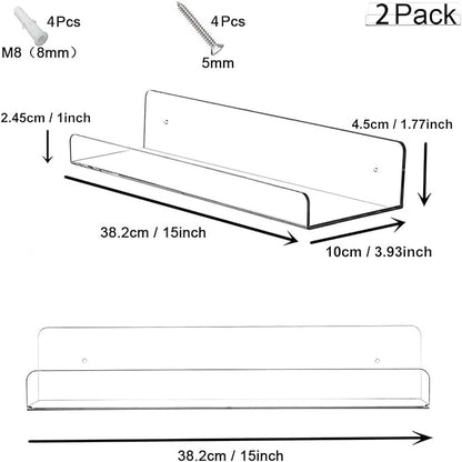 Cerpourt Acrylic Floating Wall Ledge Shelf, Clear Bathroom Storage Shelves Display,Acrylic 15" Invisible Bookshelf (2pack)