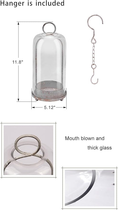 12" High Versatile Modern Metal Hurricane Lantern with Handmade Sturdy Glass Dome in Shabby White for Pillar Candle & Plants, Industrial, Farmhouse (White Shabby, 5"x12")