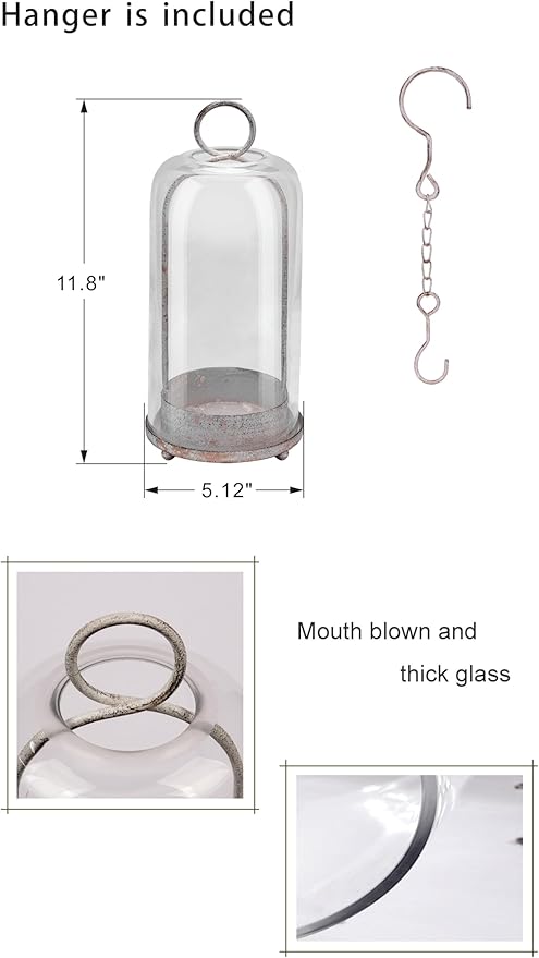 12" High Versatile Modern Metal Hurricane Lantern with Handmade Sturdy Glass Dome in Shabby White for Pillar Candle & Plants, Industrial, Farmhouse (White Shabby, 5"x12")