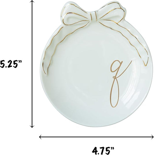 COLLECTIVE HOME - Personalized Initial Ceramic Jewelry Tray with Bow, Christmas Gift Ideas for Women, Small Gift for Girlfriend Wife, Ring Holder, Earrings Dish, Birthday Gift for Her (Q)
