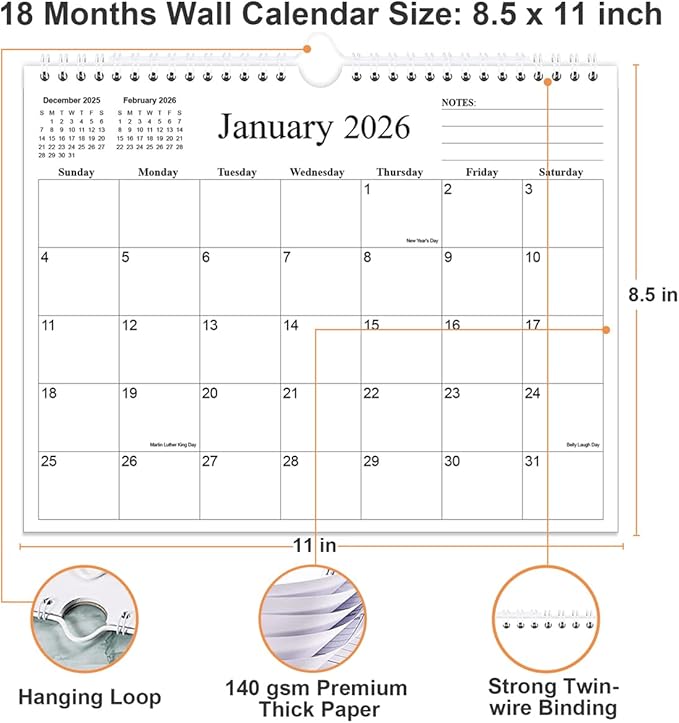 2026 Calendar - 18 Months Calendar 2026 from January 2026 to June 2027, Wall Calendar 2026 with Thick Paper for Home/Office/School, 8.5" x 11", Black